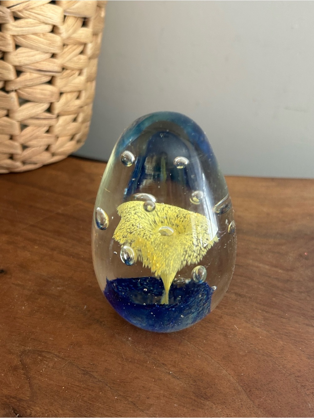Hand-Blown Glass Art Paperweight controlled bubbles Yellow Flower egg shape